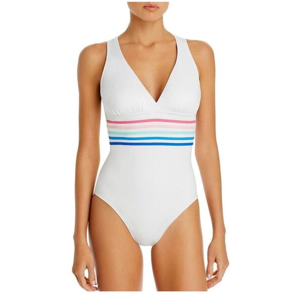 La Blanca Sz 4 Womens Spectrum Striped Rainbow Strappy One Piece Swimsuit White - Picture 2 of 13